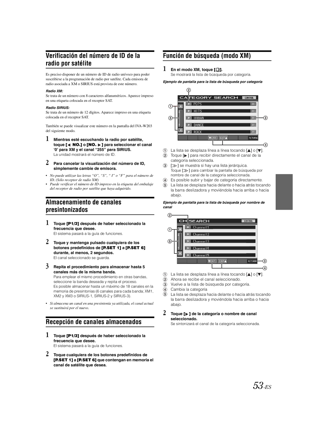 Alpine IVA-W203 Verificación del número de ID de la radio por satélite, Almacenamiento de canales presintonizados, 53-ES 