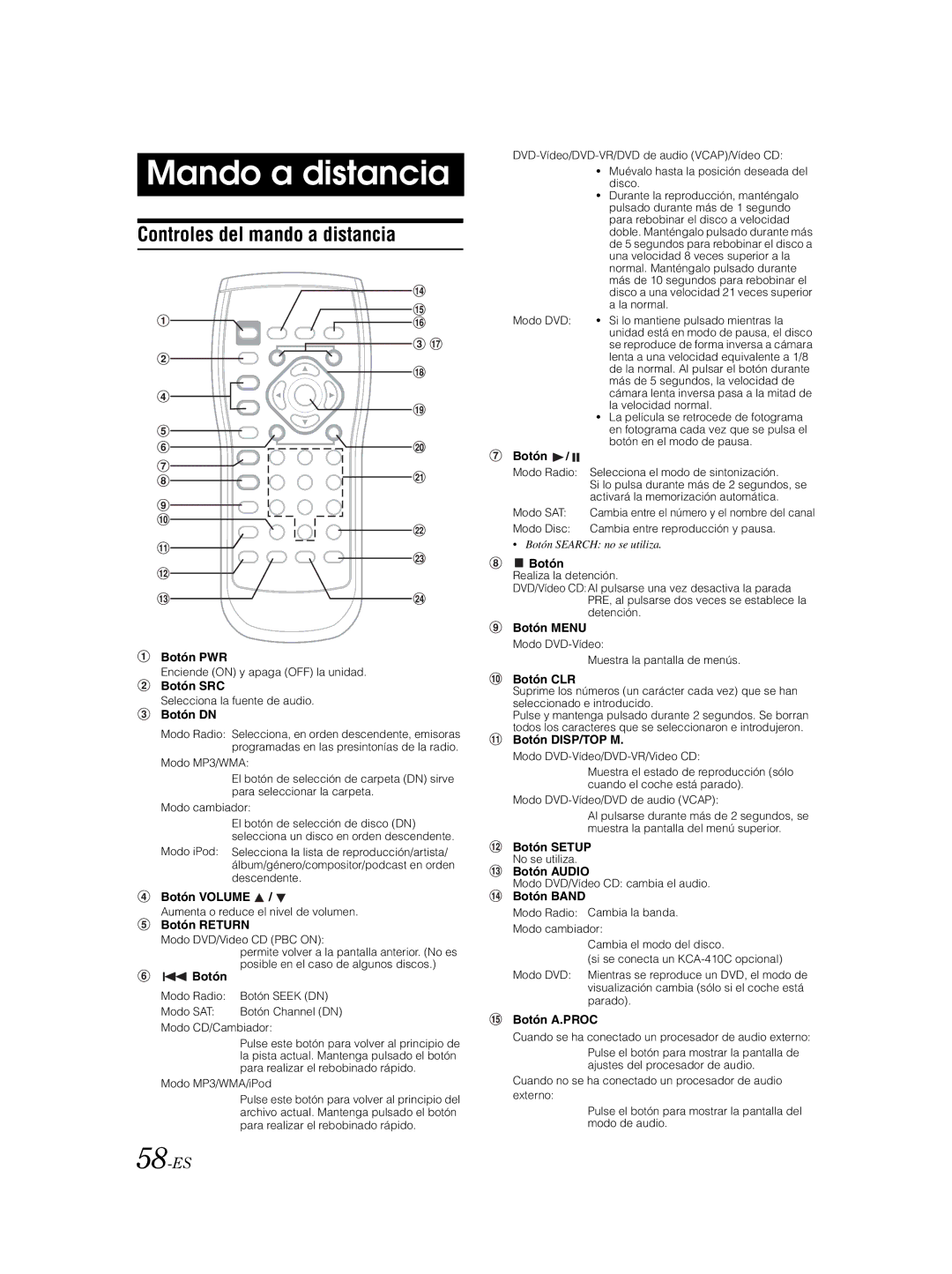 Alpine IVA-W203 owner manual Mando a distancia, Controles del mando a distancia, 58-ES 