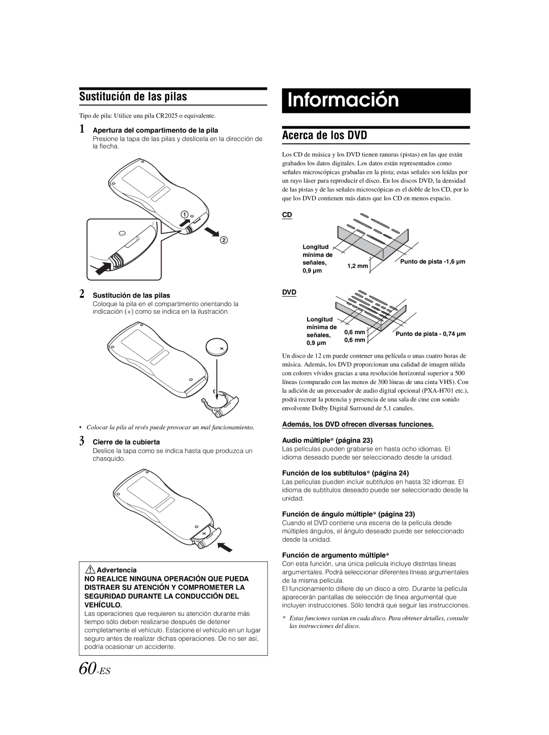 Alpine IVA-W203 owner manual Información, Sustitución de las pilas, Acerca de los DVD, 60-ES 