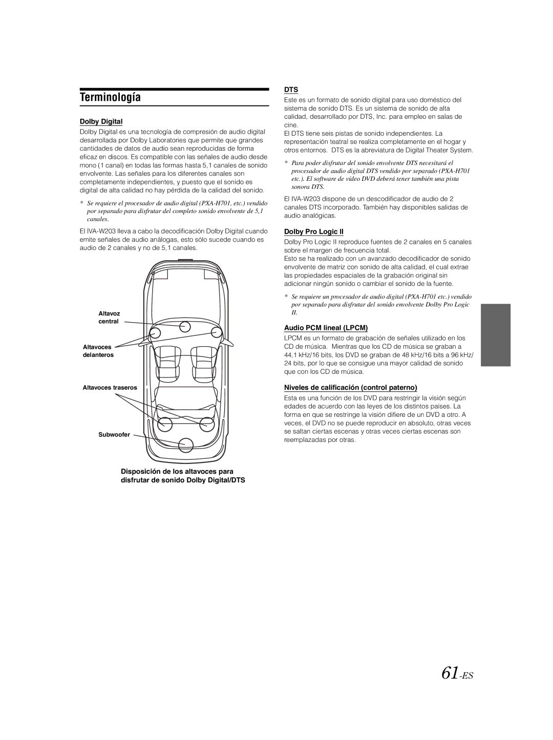 Alpine IVA-W203 owner manual Terminología, 61-ES, Audio PCM lineal Lpcm, Niveles de calificación control paterno 