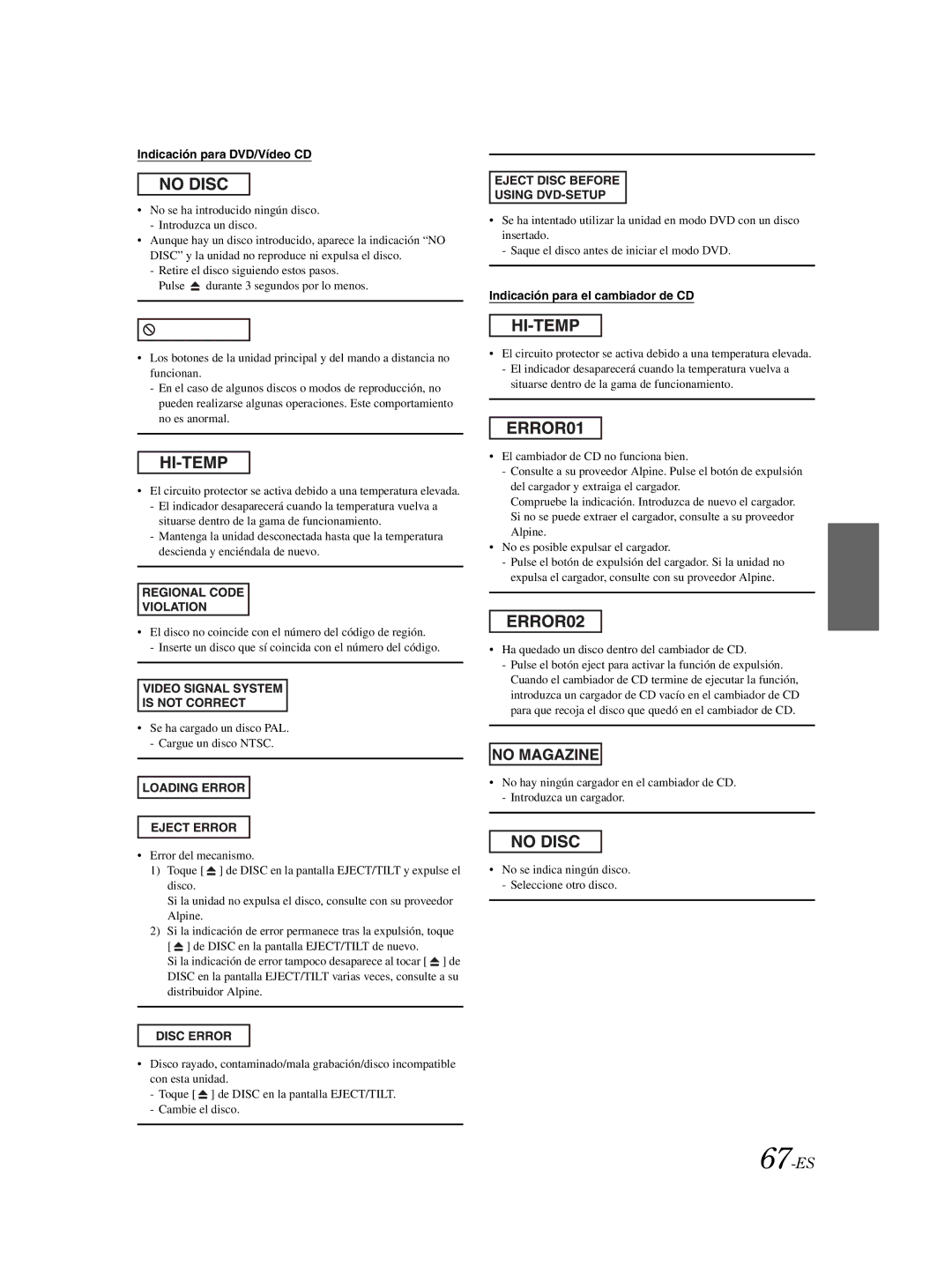 Alpine IVA-W203 owner manual 67-ES, Indicación para DVD/Vídeo CD, Indicación para el cambiador de CD 