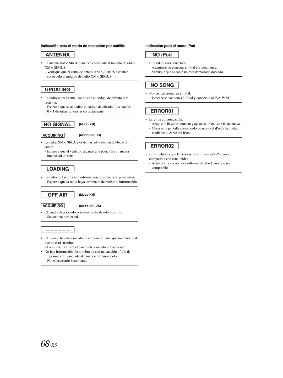 Alpine IVA-W203 owner manual 68-ES, Indicación para el modo de recepción por satélite 