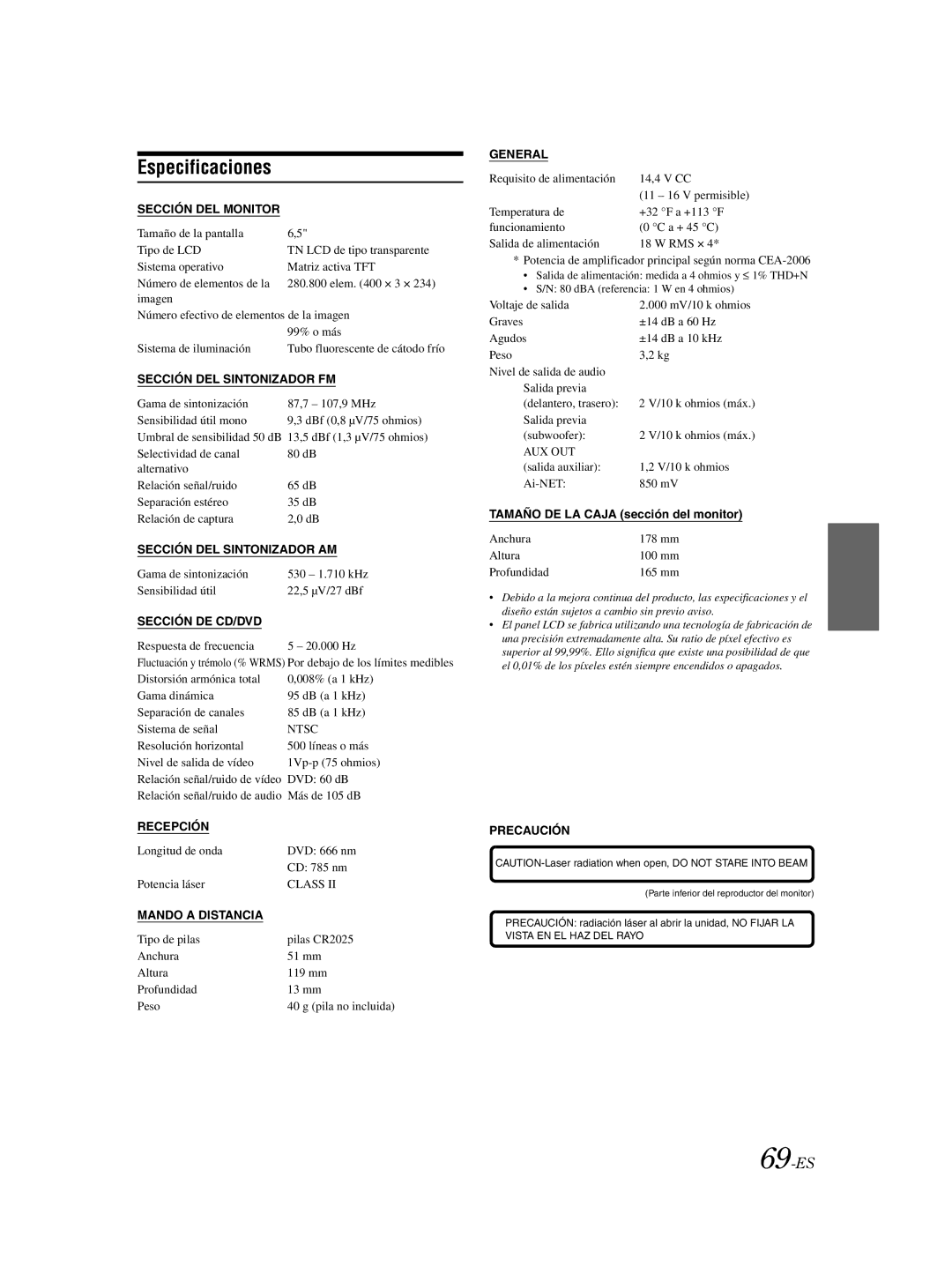 Alpine IVA-W203 owner manual Especificaciones, 69-ES 