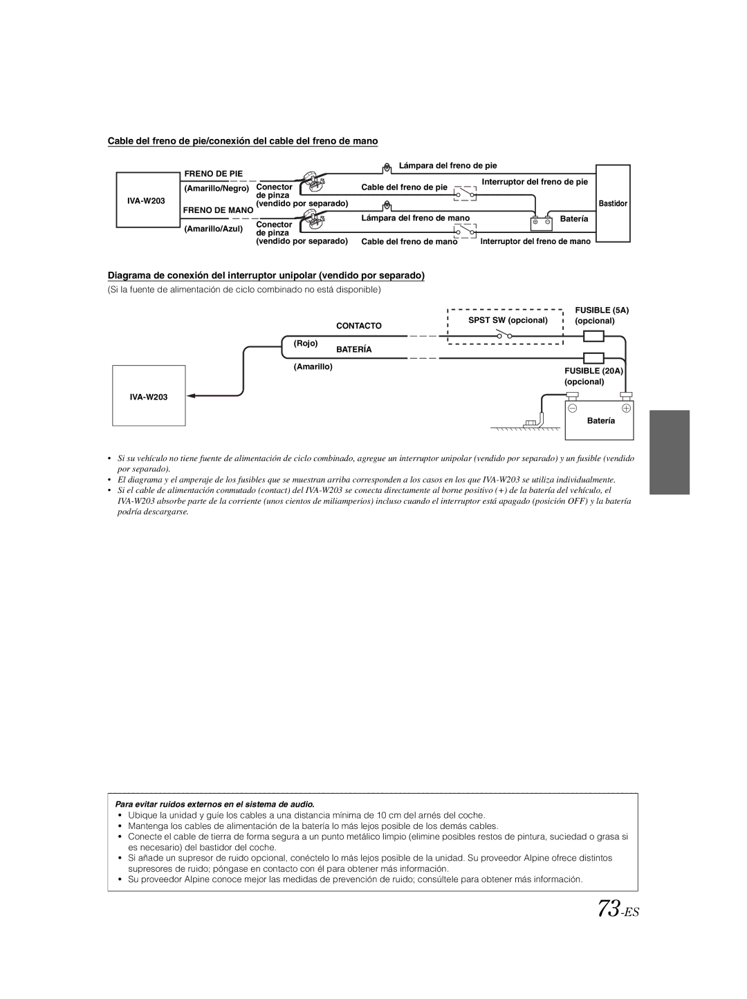 Alpine IVA-W203 owner manual 73-ES, Cable del freno de pie/conexión del cable del freno de mano 