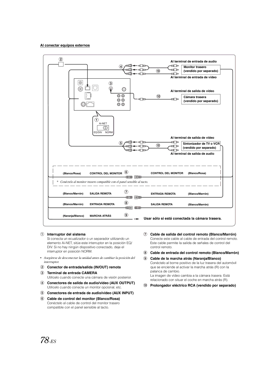 Alpine IVA-W203 owner manual 78-ES, Al conectar equipos externos, Conectores de salida de audio/vídeo AUX Output 