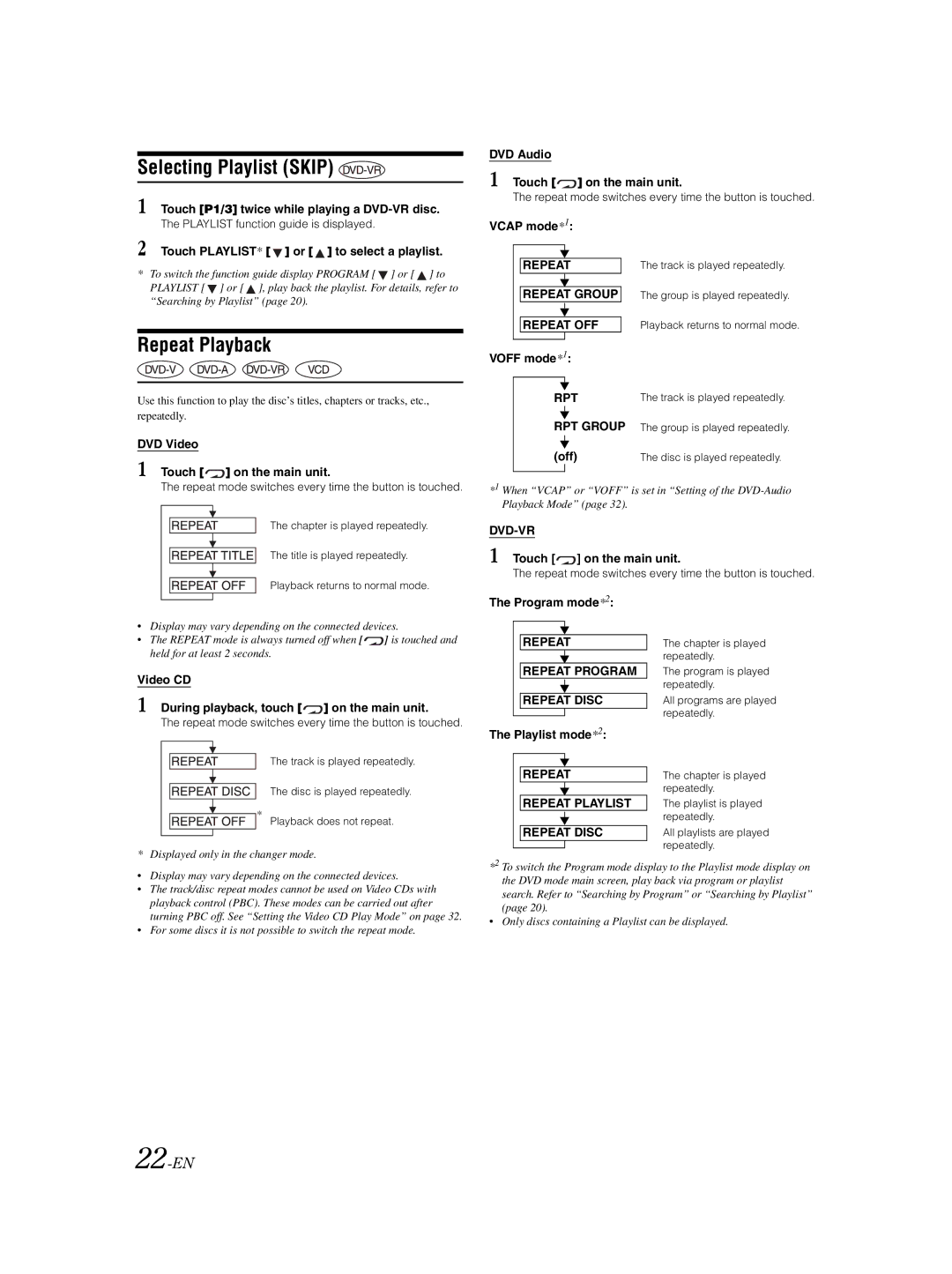 Alpine IVA-W203 owner manual Selecting Playlist Skip, Repeat Playback, 22-EN 