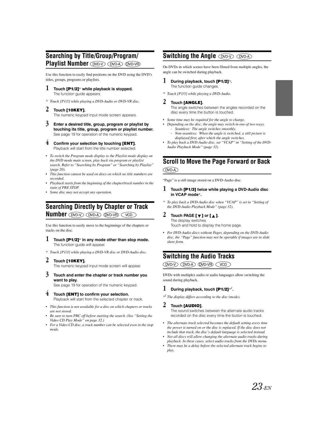 Alpine IVA-W203 owner manual Switching the Angle, Scroll to Move the Page Forward or Back, Switching the Audio Tracks 