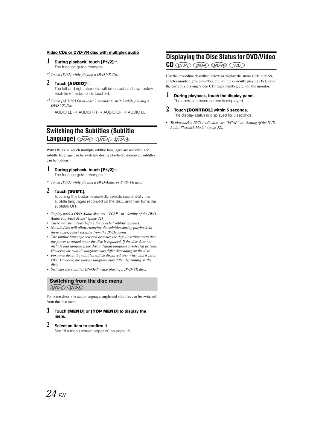 Alpine IVA-W203 owner manual Displaying the Disc Status for DVD/Video, Switching the Subtitles Subtitle Language, 24-EN 