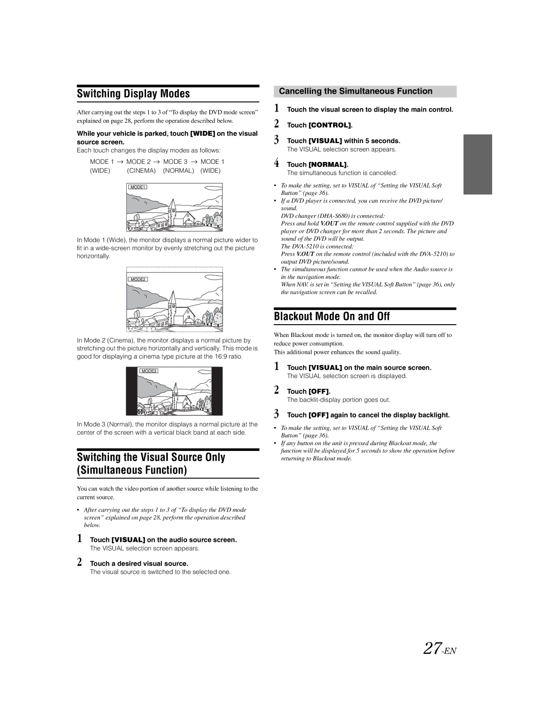 Alpine IVA-W203 Switching Display Modes, Switching the Visual Source Only Simultaneous Function, Blackout Mode On and Off 