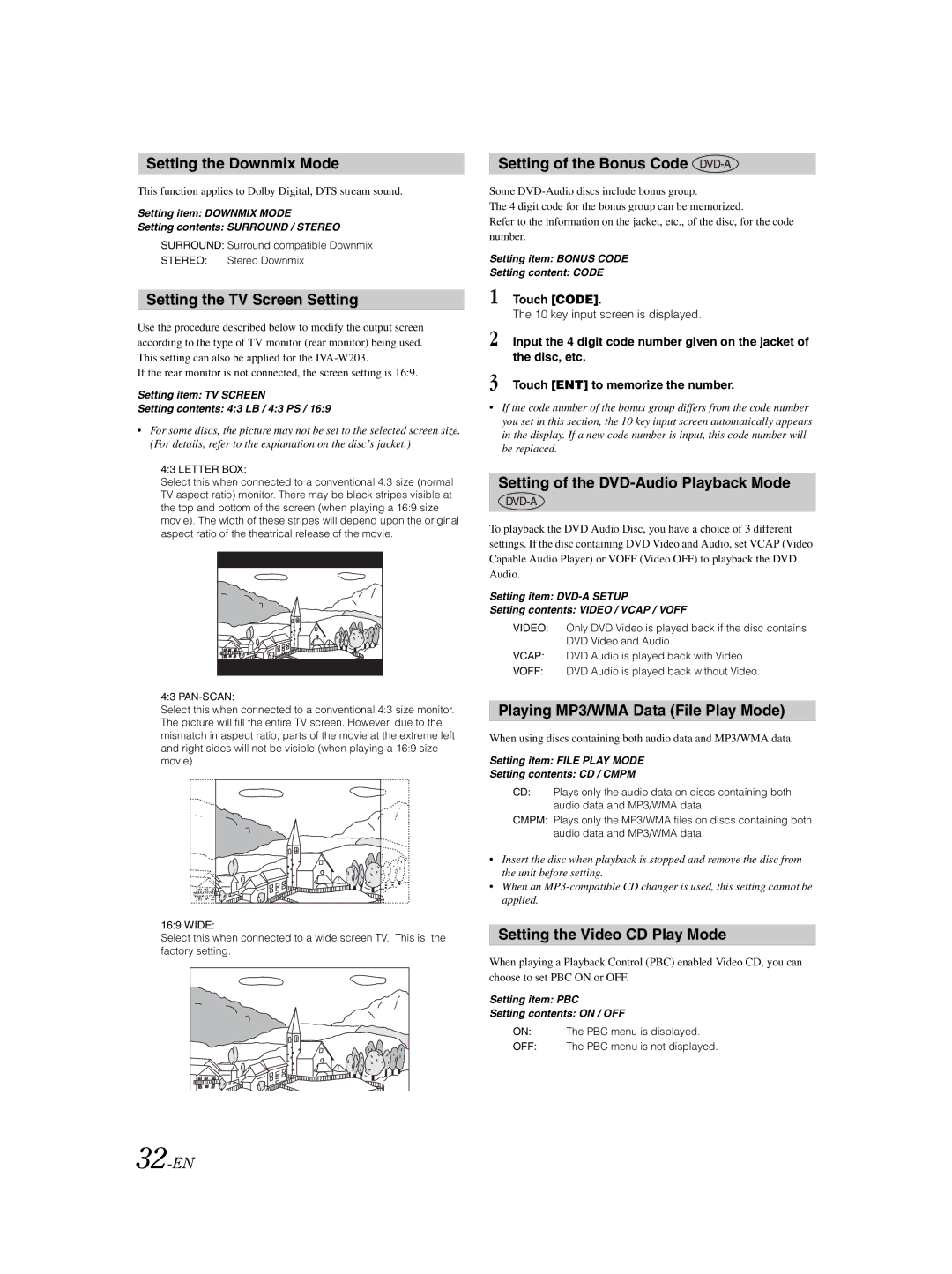 Alpine IVA-W203 owner manual Setting the Downmix Mode, Setting the TV Screen Setting, Setting of the Bonus Code 