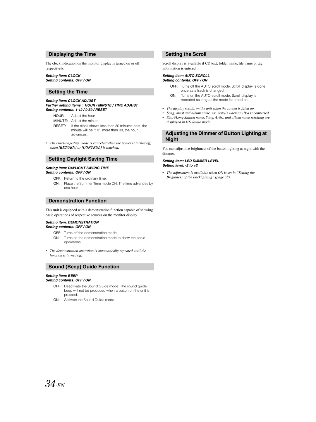 Alpine IVA-W203 owner manual Displaying the Time, Setting the Time, Setting Daylight Saving Time, Demonstration Function 