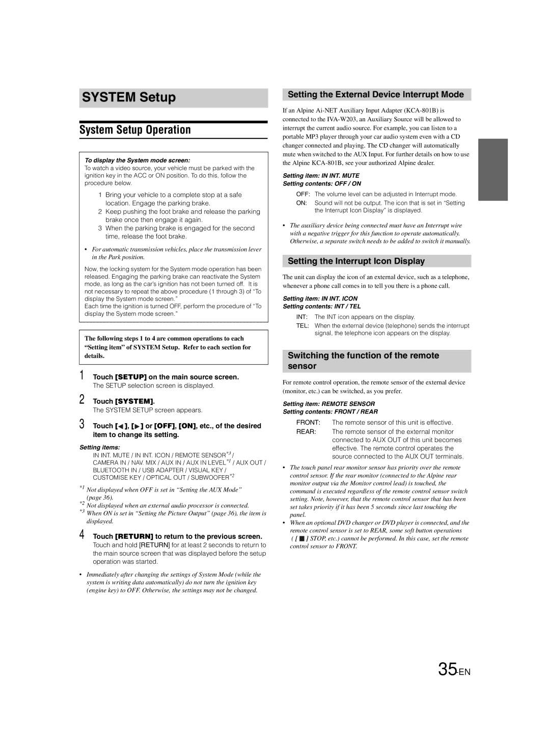 Alpine IVA-W203 System Setup Operation, Setting the External Device Interrupt Mode, Setting the Interrupt Icon Display 