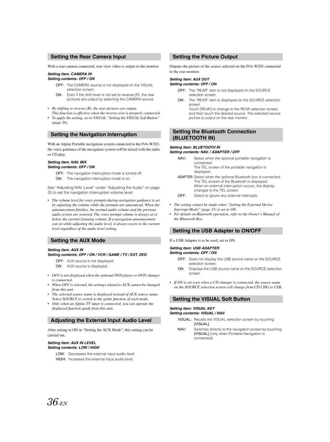 Alpine IVA-W203 owner manual Setting the Rear Camera Input, Setting the Navigation Interruption, Setting the AUX Mode 