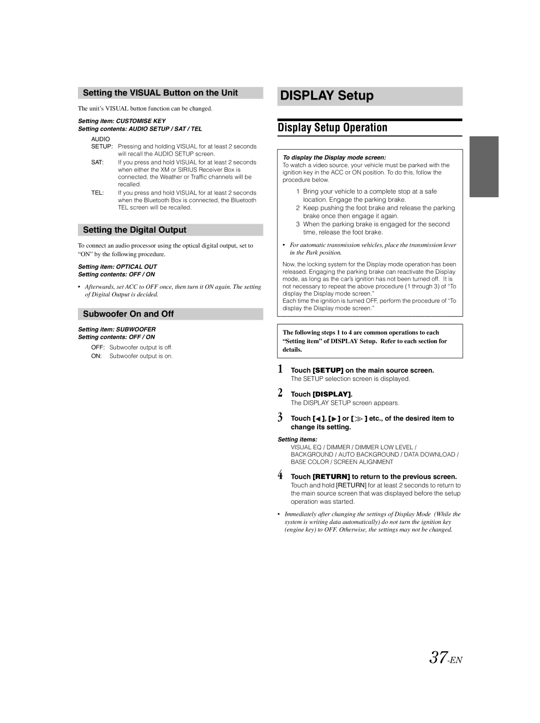 Alpine IVA-W203 owner manual Display Setup Operation, Setting the Visual Button on the Unit, Setting the Digital Output 