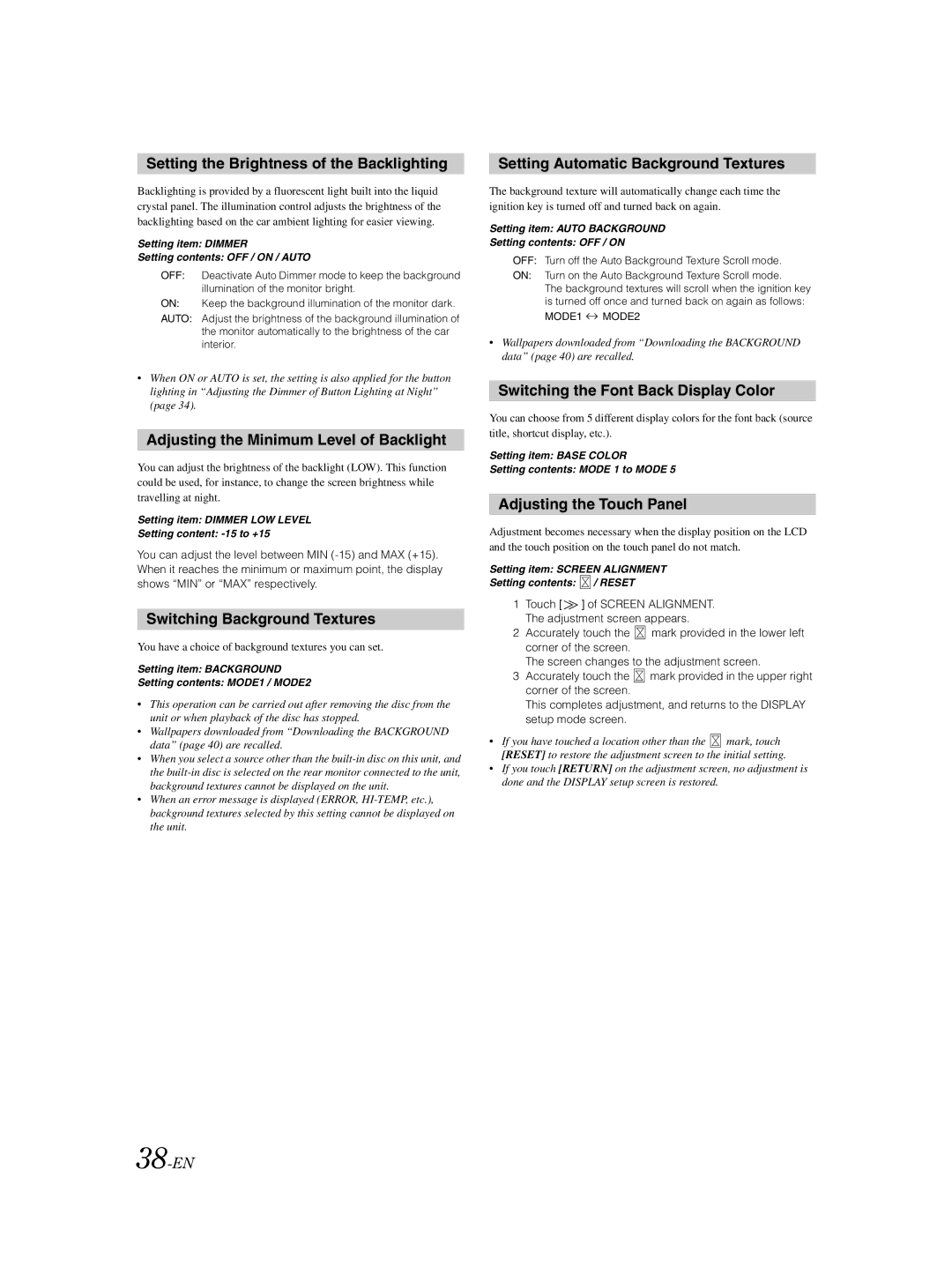 Alpine IVA-W203 owner manual Setting the Brightness of the Backlighting, Adjusting the Minimum Level of Backlight 