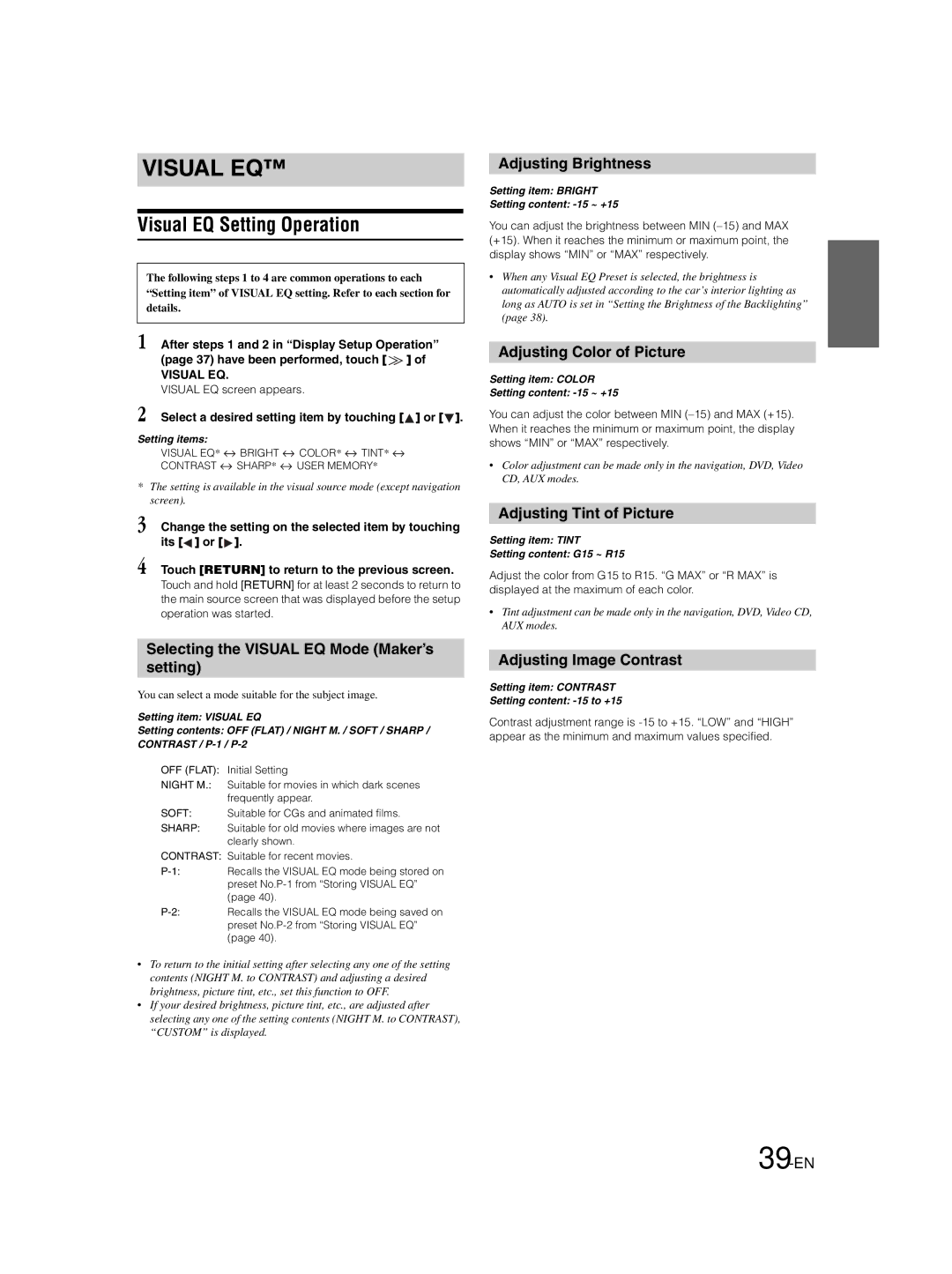 Alpine IVA-W203 owner manual Visual EQ Setting Operation 