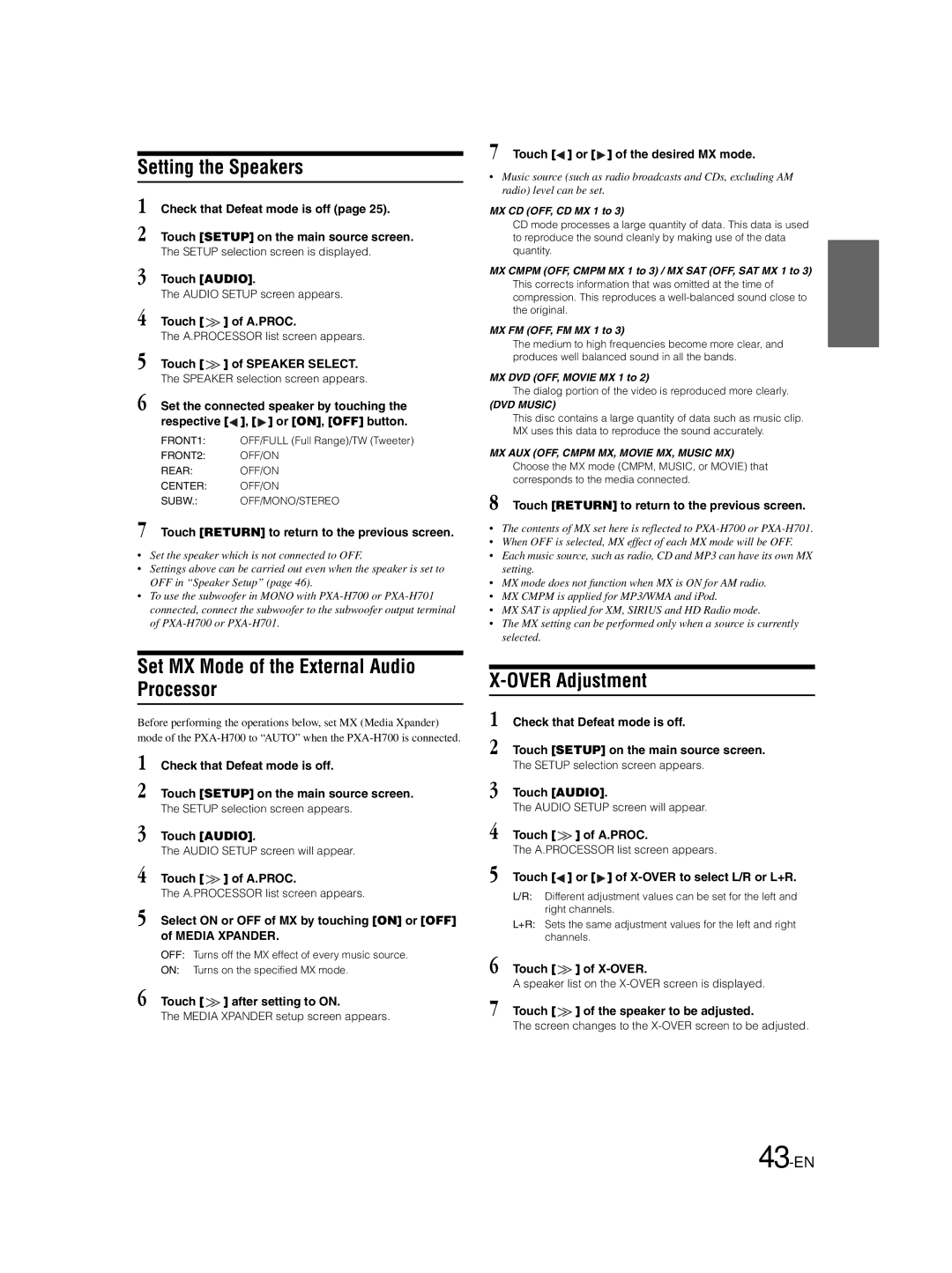 Alpine IVA-W203 owner manual Setting the Speakers, Set MX Mode of the External Audio Processor, Over Adjustment, 43-EN 