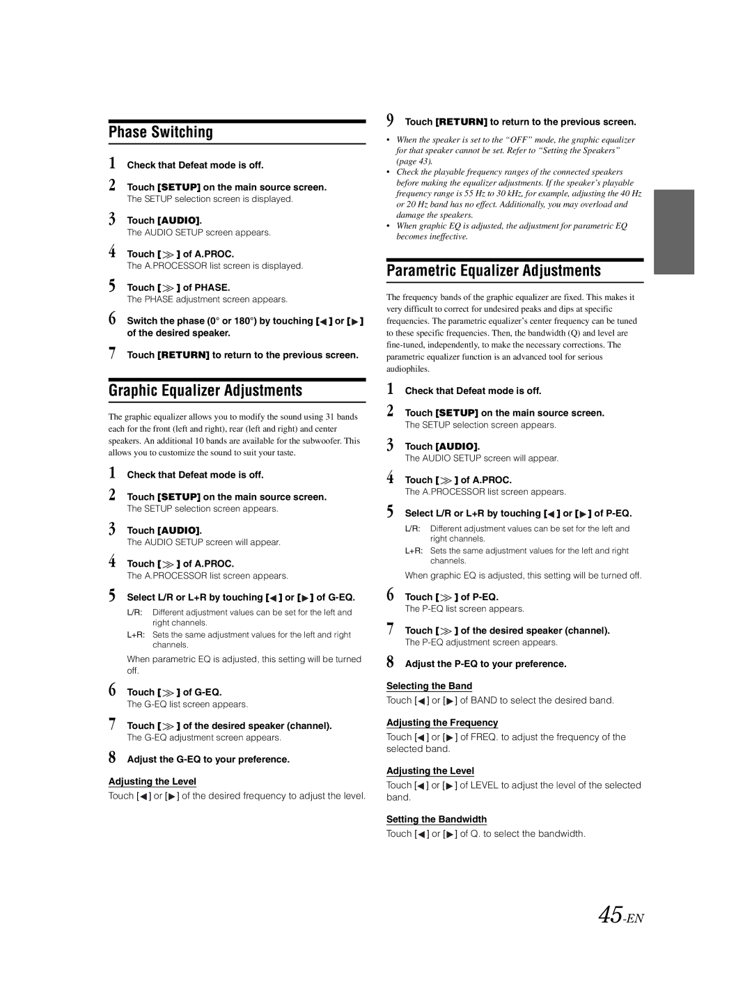 Alpine IVA-W203 owner manual Phase Switching, Graphic Equalizer Adjustments, Parametric Equalizer Adjustments, 45-EN 