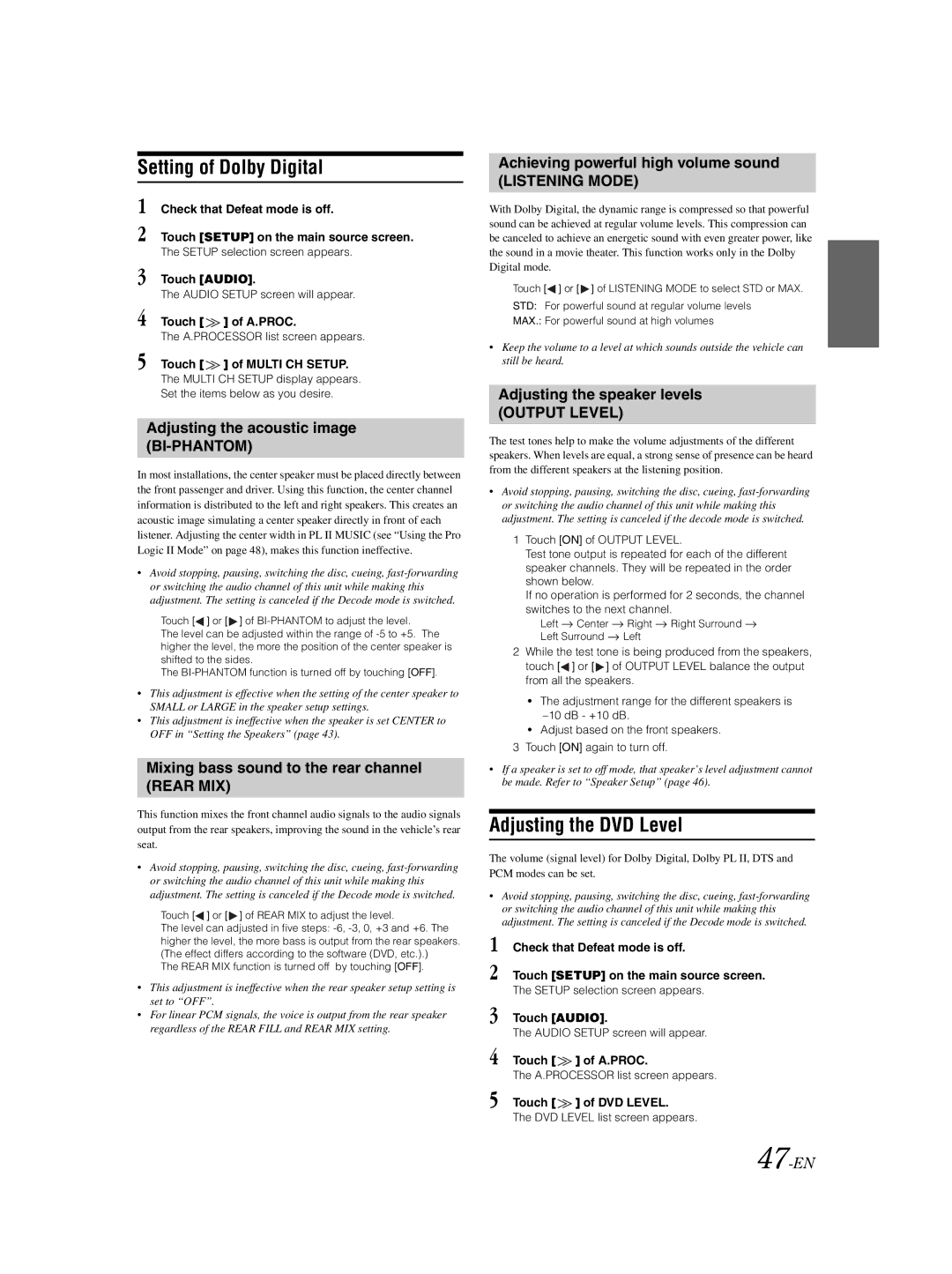 Alpine IVA-W203 owner manual Setting of Dolby Digital, Adjusting the DVD Level 