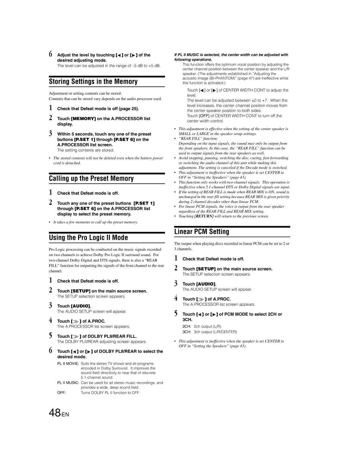 Alpine IVA-W203 Storing Settings in the Memory, Calling up the Preset Memory, Using the Pro Logic II Mode, 48-EN 