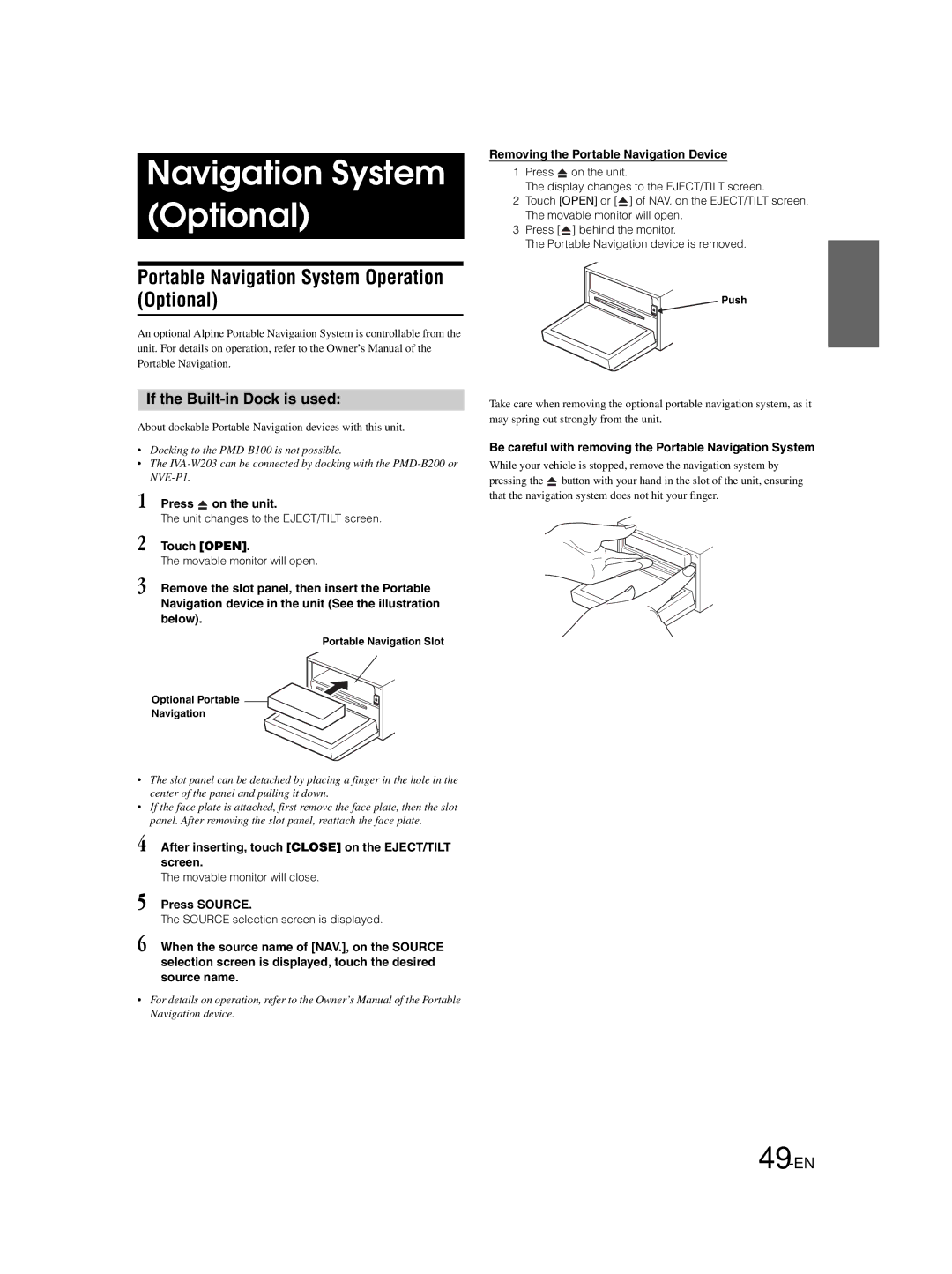 Alpine IVA-W203 Navigation System Optional, Portable Navigation System Operation Optional, If the Built-in Dock is used 