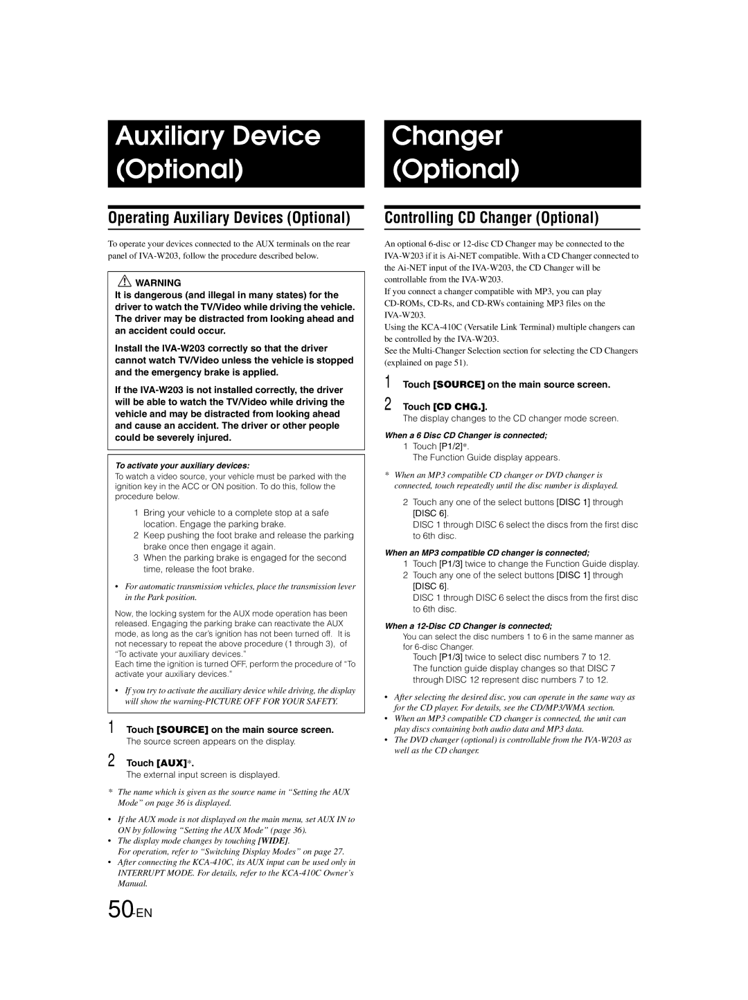 Alpine IVA-W203 owner manual Auxiliary Device Optional, Changer Optional, Operating Auxiliary Devices Optional, 50-EN 