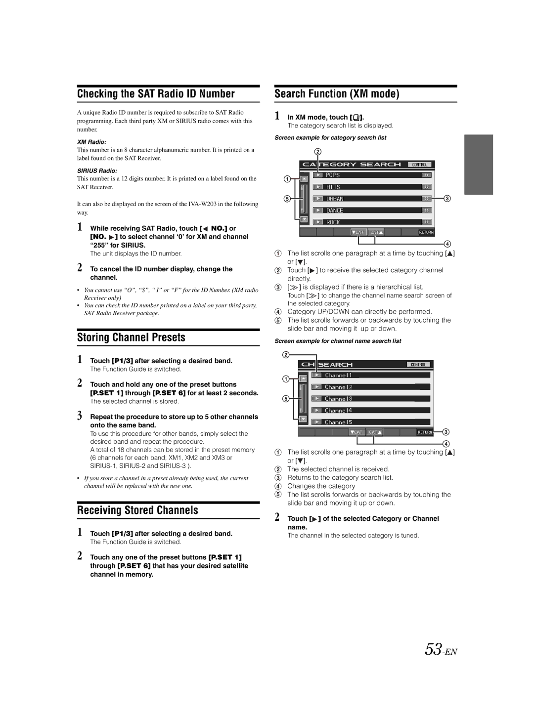 Alpine IVA-W203 owner manual Checking the SAT Radio ID Number, Storing Channel Presets, Receiving Stored Channels, 53-EN 