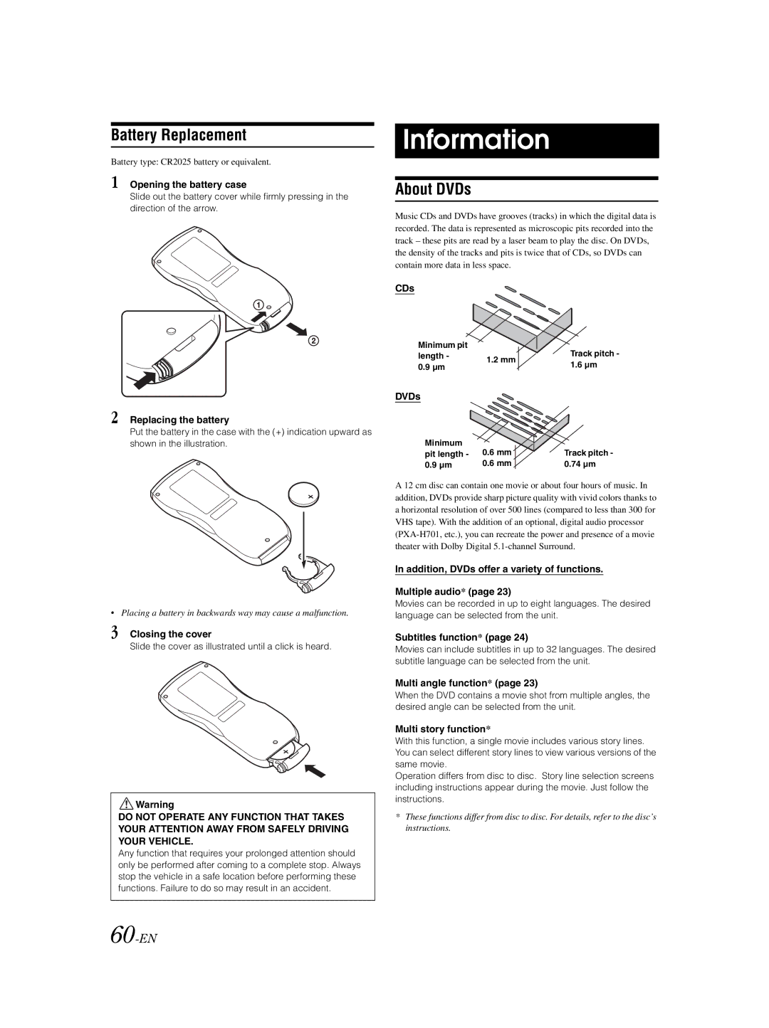 Alpine IVA-W203 owner manual Information, Battery Replacement, About DVDs, 60-EN 