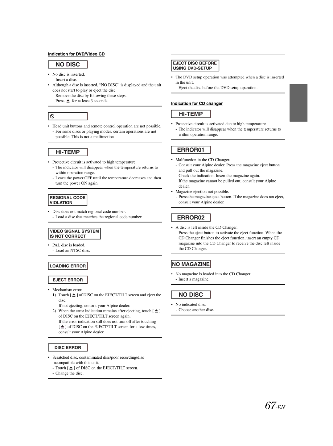 Alpine IVA-W203 owner manual 67-EN, Indication for DVD/Video CD, Indication for CD changer 