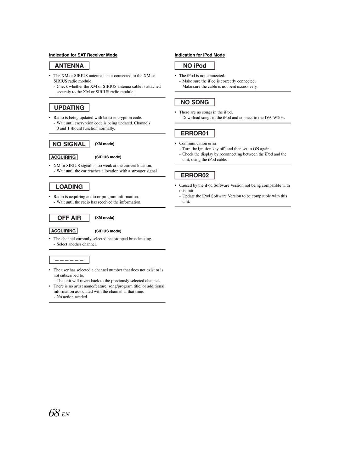 Alpine IVA-W203 owner manual 68-EN, Indication for SAT Receiver Mode 