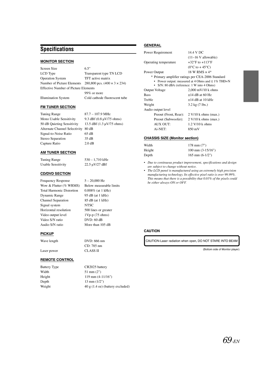 Alpine IVA-W203 owner manual Specifications, 69-EN 