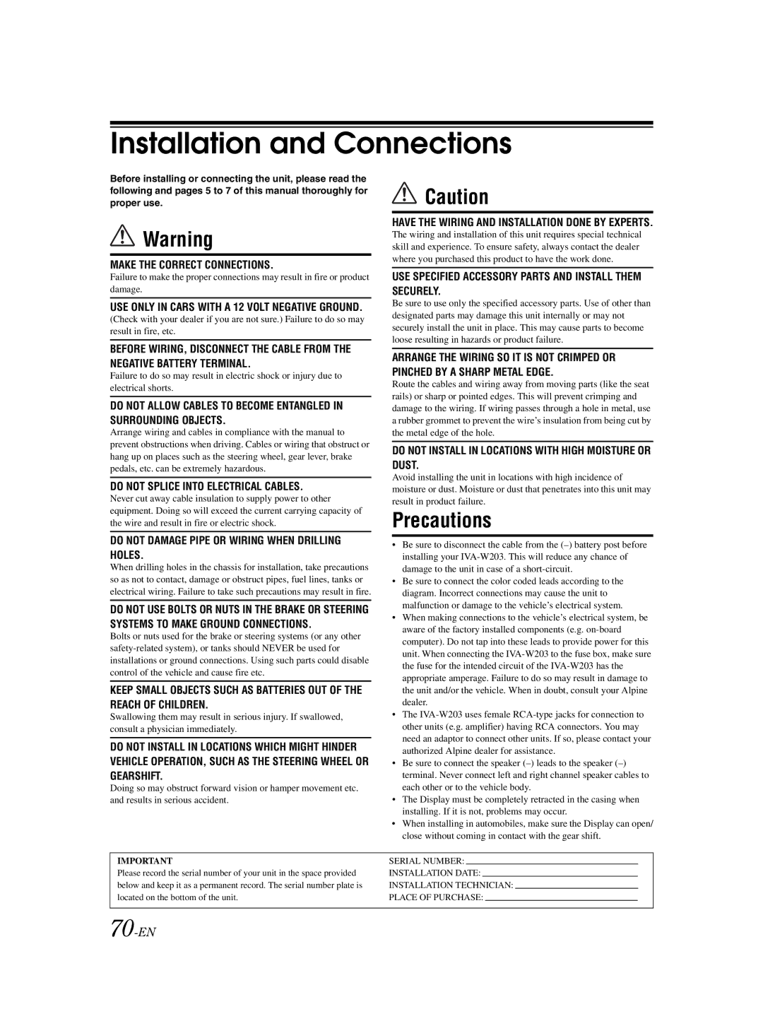 Alpine IVA-W203 owner manual 70-EN, USE only in Cars with a 12 Volt Negative Ground 