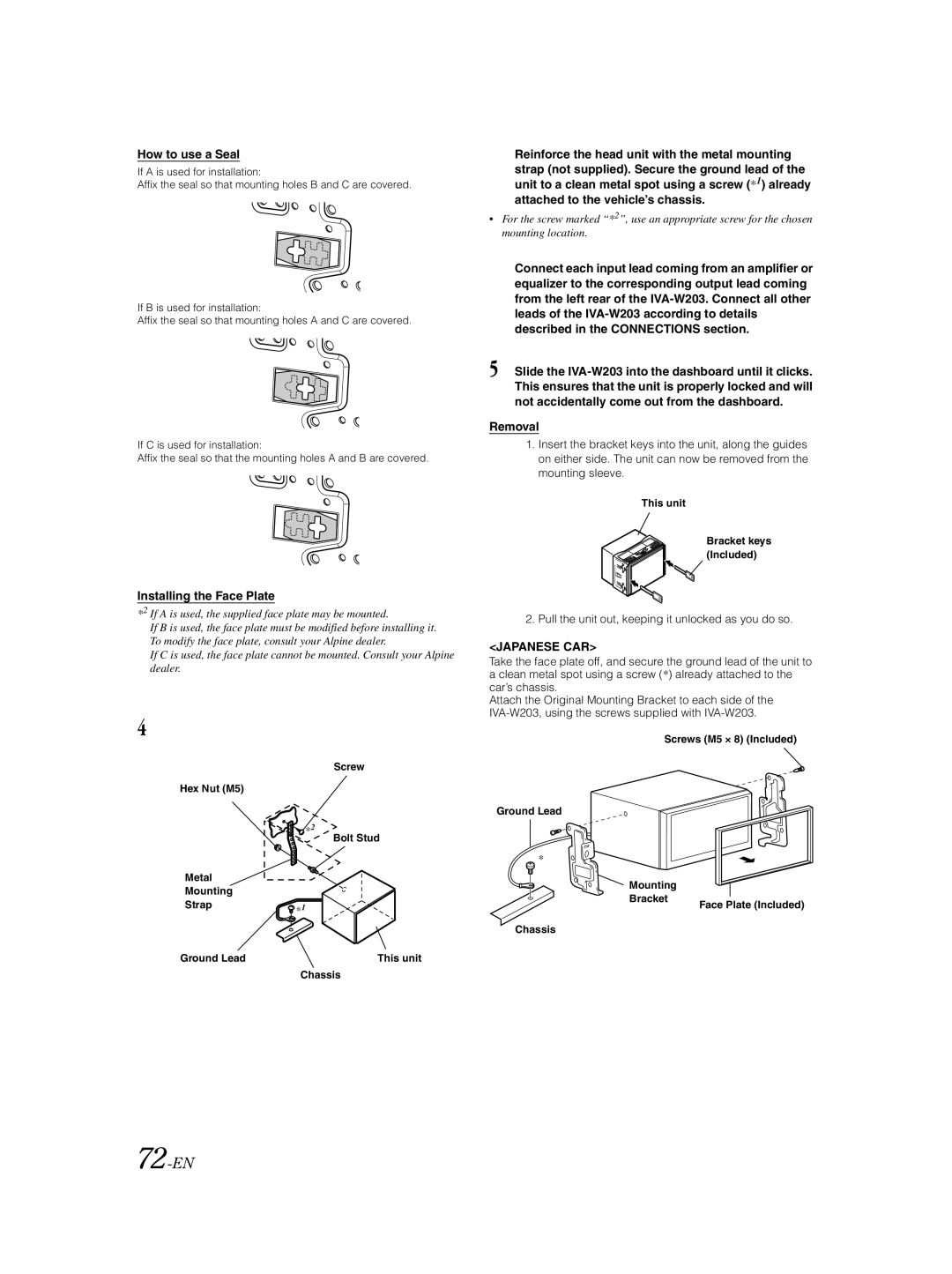 Alpine IVA-W203 owner manual 72-EN, How to use a Seal, Installing the Face Plate, Removal, Japanese CAR 