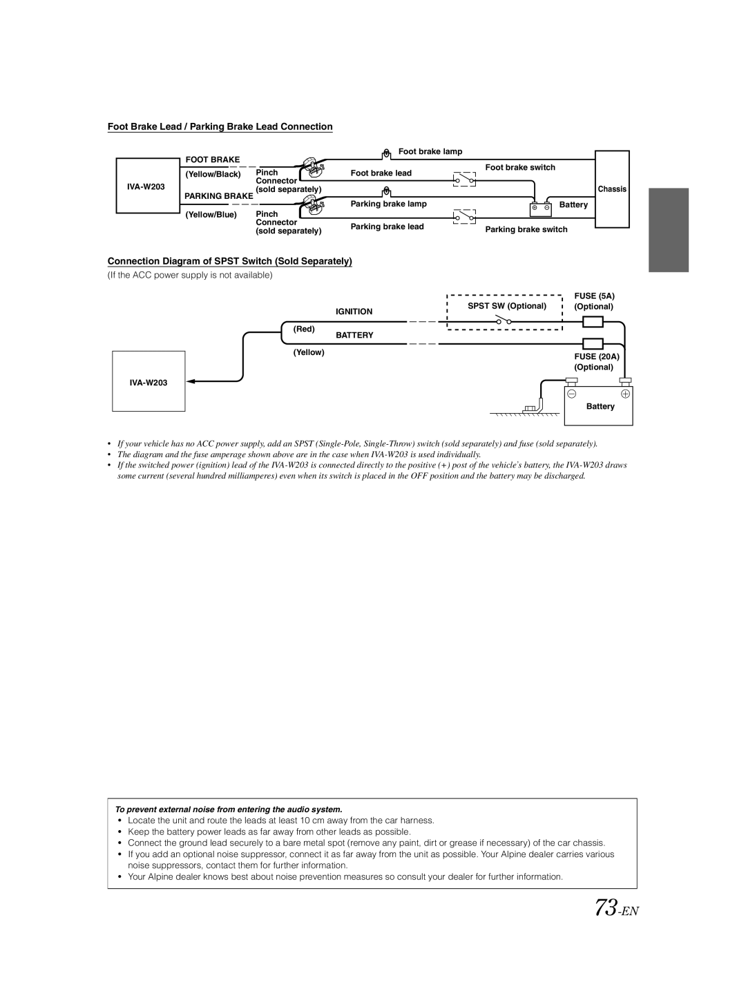 Alpine IVA-W203 73-EN, Foot Brake Lead / Parking Brake Lead Connection, Connection Diagram of Spst Switch Sold Separately 