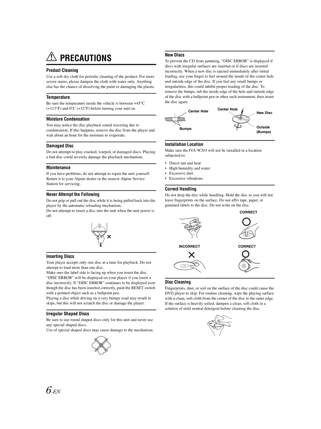 Alpine IVA-W203 owner manual Precautions 