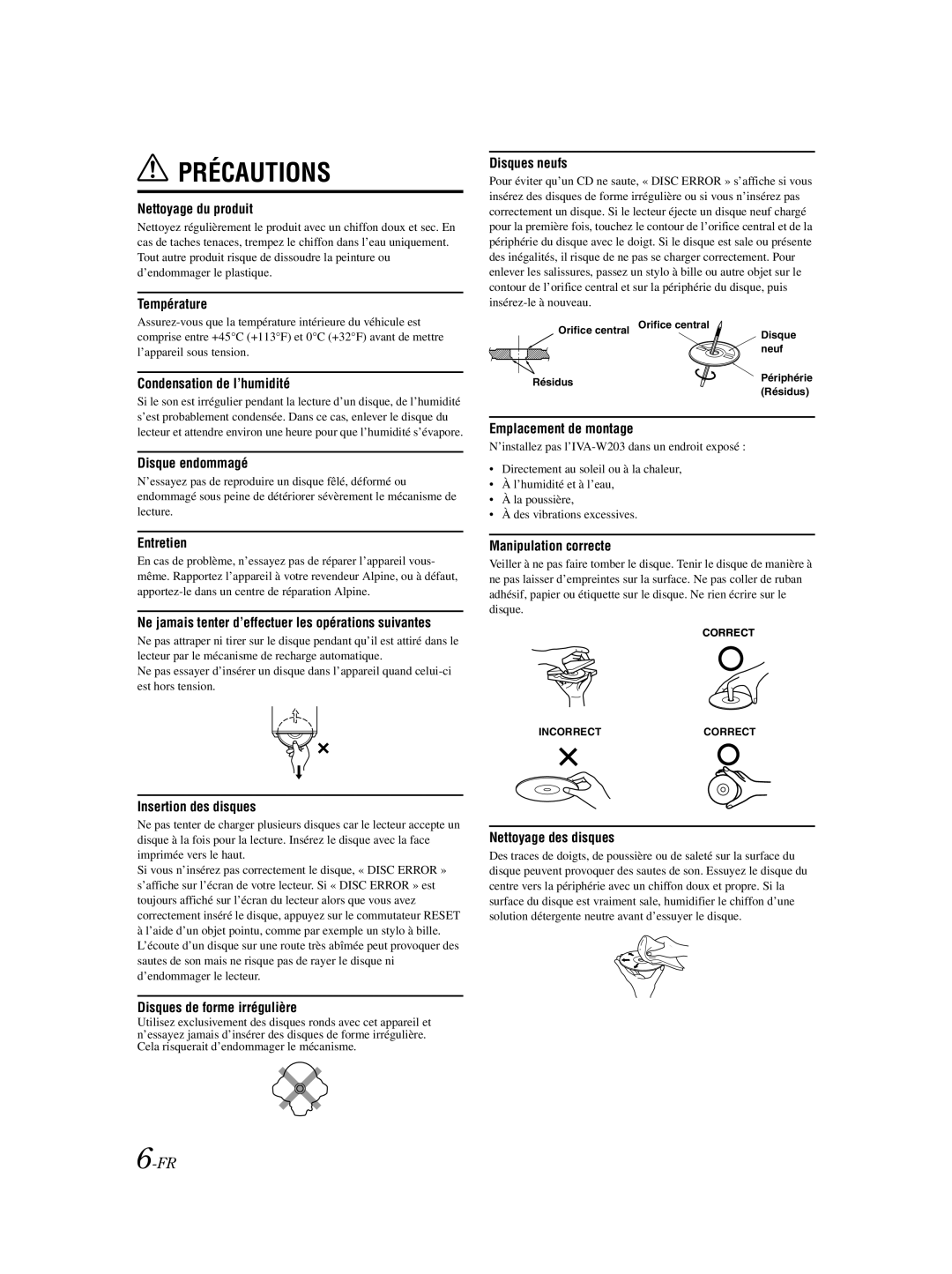 Alpine IVA-W203 owner manual Précautions 