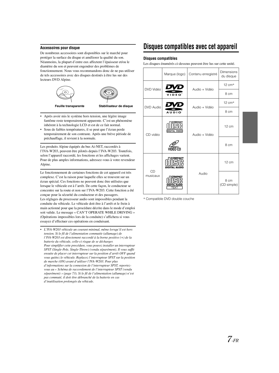 Alpine IVA-W203 owner manual Marque logo Contenu enregistré Dimensions, CD simple, Compatible DVD double couche 