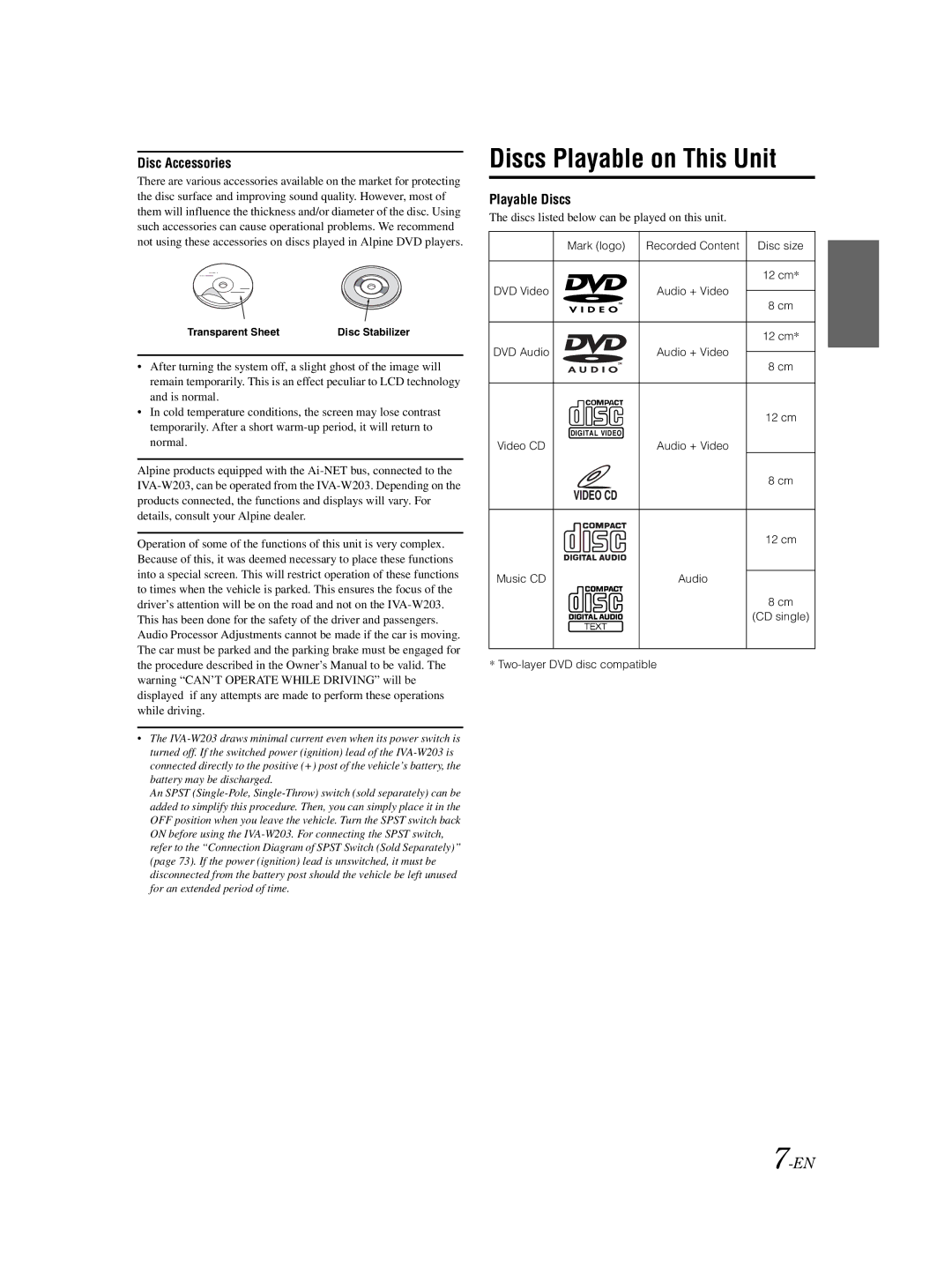 Alpine IVA-W203 owner manual Mark logo Recorded Content Disc size, Music CD, Two-layer DVD disc compatible 