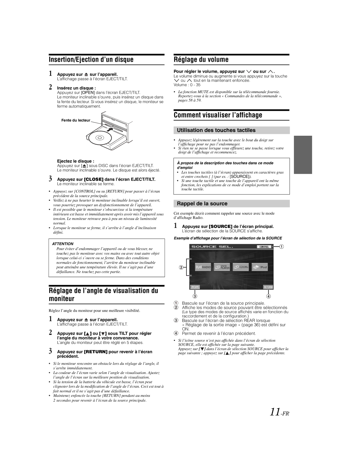 Alpine IVA-W203 Insertion/Ejection d’un disque, Réglage de l’angle de visualisation du moniteur, Réglage du volume 