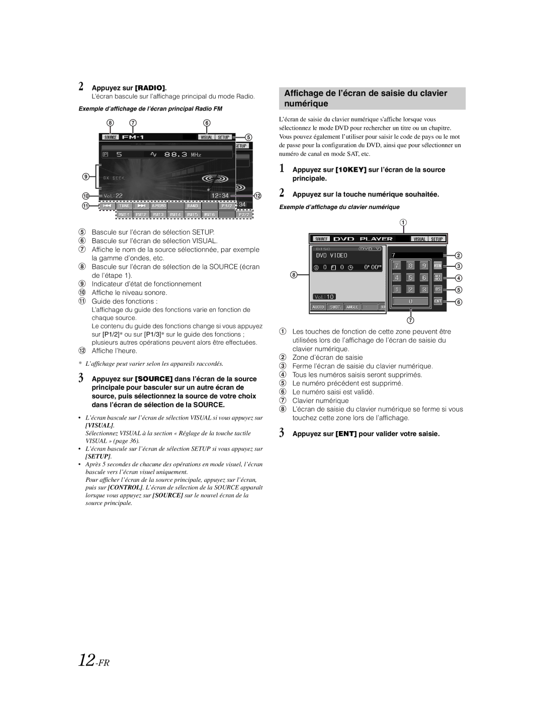 Alpine IVA-W203 owner manual Affichage de l’écran de saisie du clavier numérique, 12-FR, Appuyez sur Radio 