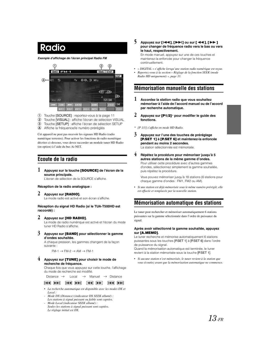 Alpine IVA-W203 Ecoute de la radio, Mémorisation manuelle des stations, Mémorisation automatique des stations, 13-FR 