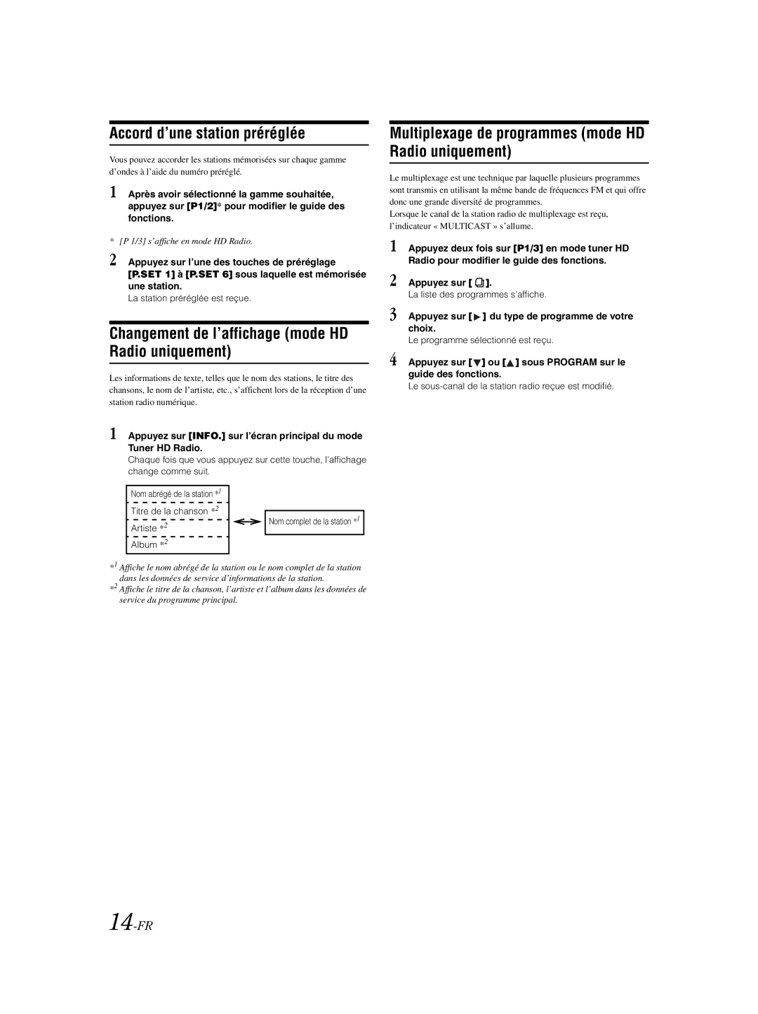 Alpine IVA-W203 owner manual Accord d’une station préréglée, Changement de l’affichage mode HD Radio uniquement, 14-FR 