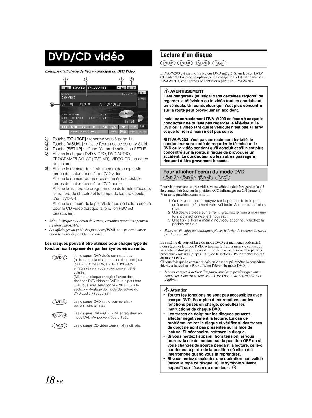 Alpine IVA-W203 owner manual Lecture d’un disque, Pour afficher l’écran du mode DVD, 18-FR, Avertissement 