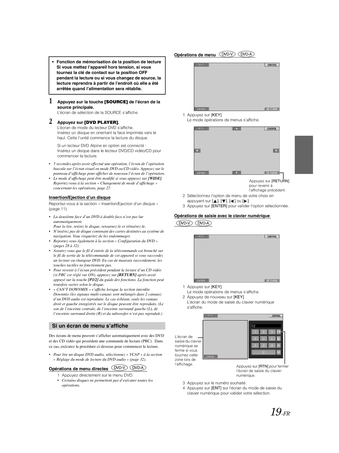 Alpine IVA-W203 owner manual Si un écran de menu s’affiche, 19-FR, Opérations de menu directes 