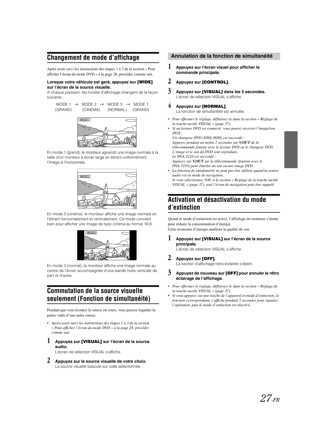 Alpine IVA-W205 owner manual Changement de mode d’affichage, Activation et désactivation du mode d’extinction, 27-FR 