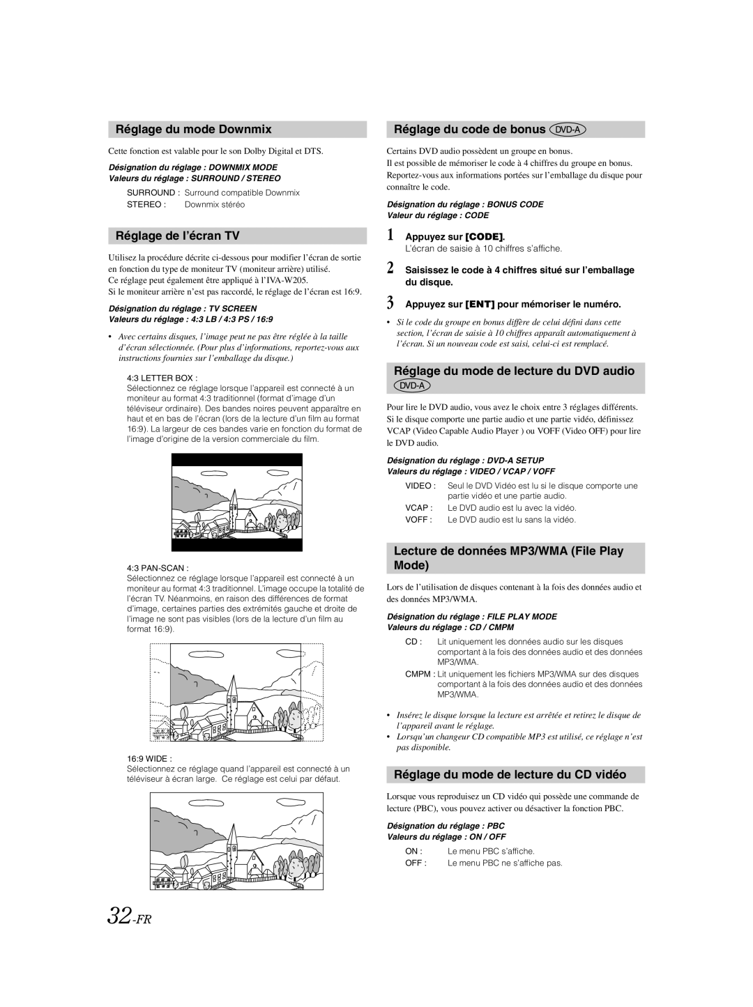 Alpine IVA-W205 owner manual Réglage du mode Downmix, Réglage de l’écran TV, Réglage du code de bonus 