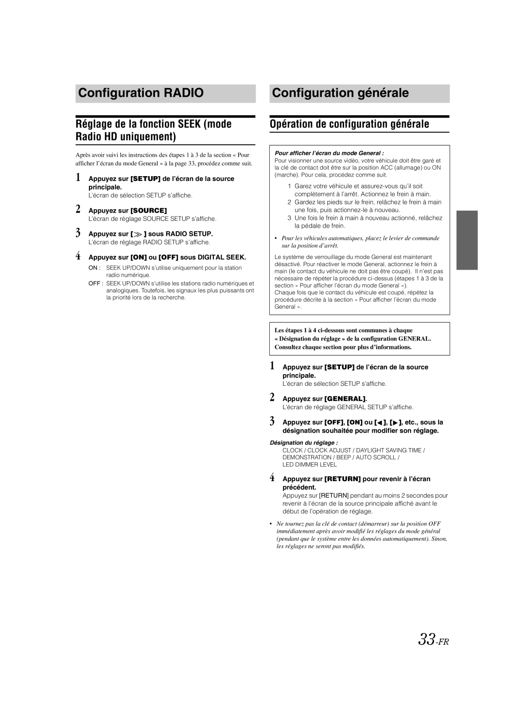 Alpine IVA-W205 Configuration Radio Configuration générale, Réglage de la fonction Seek mode Radio HD uniquement, 33-FR 
