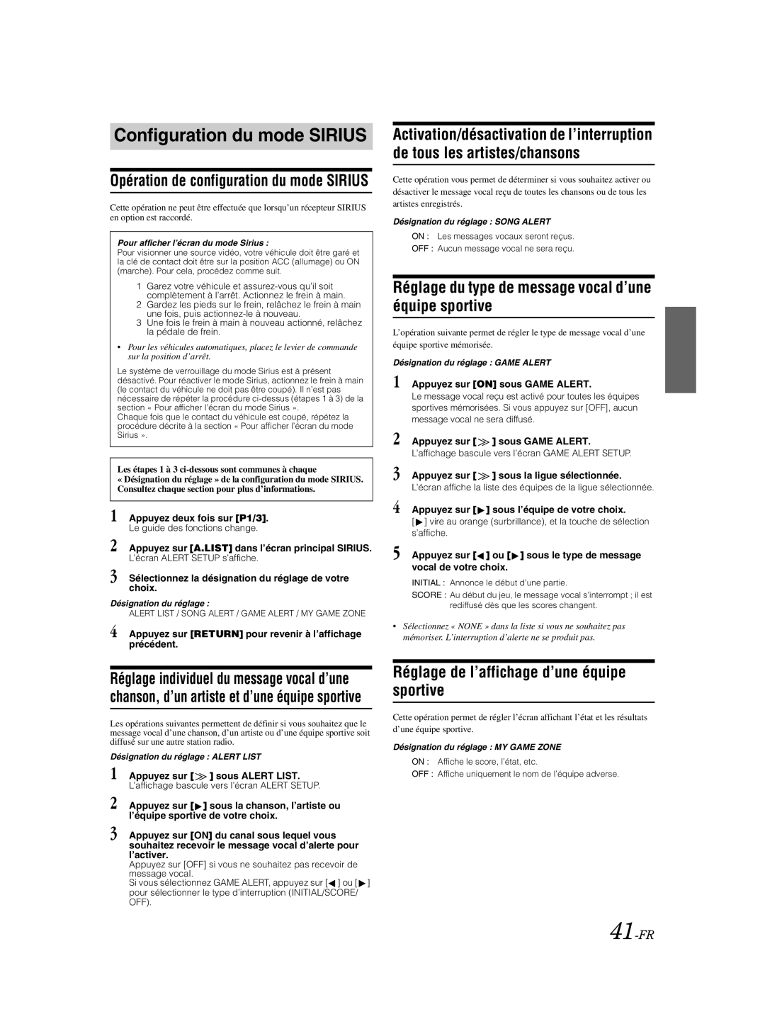 Alpine IVA-W205 owner manual Configuration du mode Sirius, Réglage du type de message vocal d’une équipe sportive, 41-FR 