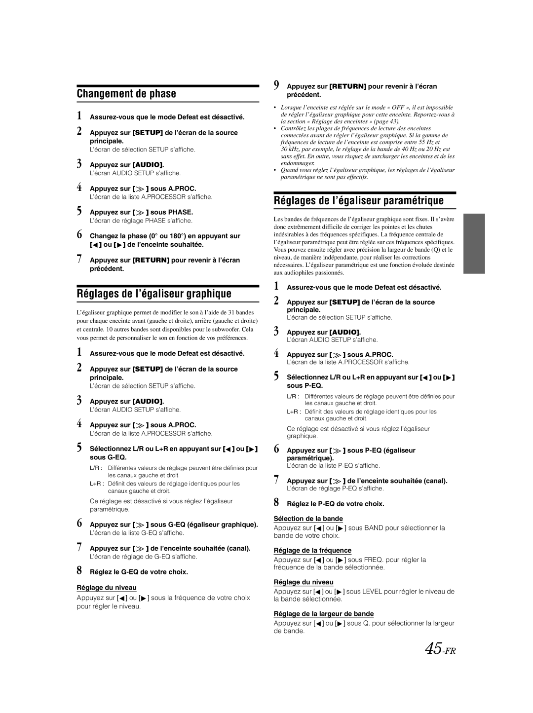 Alpine IVA-W205 Changement de phase, Réglages de l’égaliseur graphique, Réglages de l’égaliseur paramétrique, 45-FR 