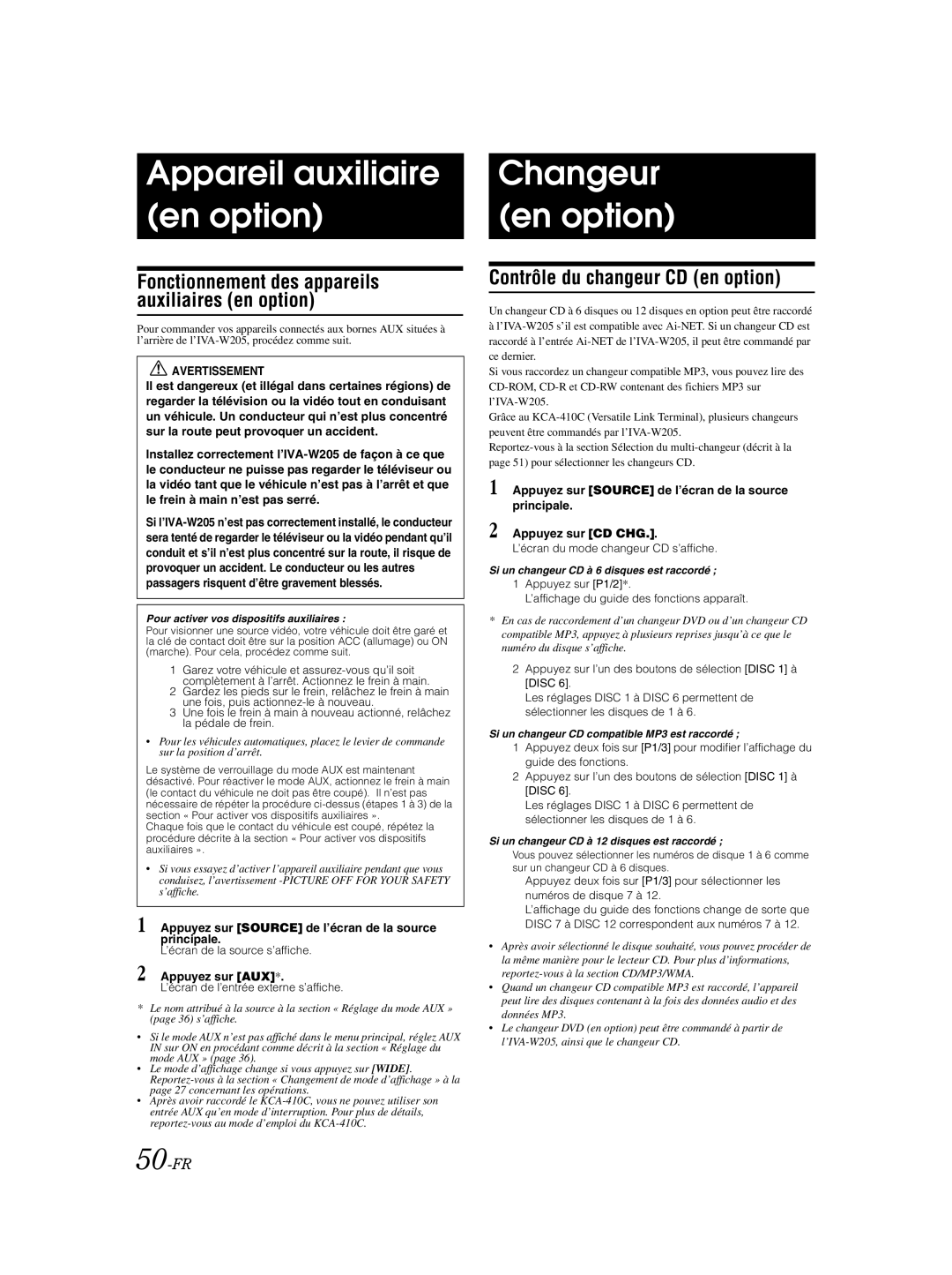 Alpine IVA-W205 owner manual Appareil auxiliaire en option, Changeur en option, Contrôle du changeur CD en option, 50-FR 